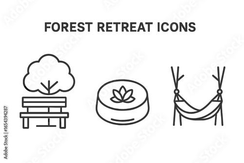 Forest retreat amenities icon set. Outline vector illustrations of a park bench, meditation cushion with lotus flower, and a hammock. For wellness, yoga, and relaxation concepts.