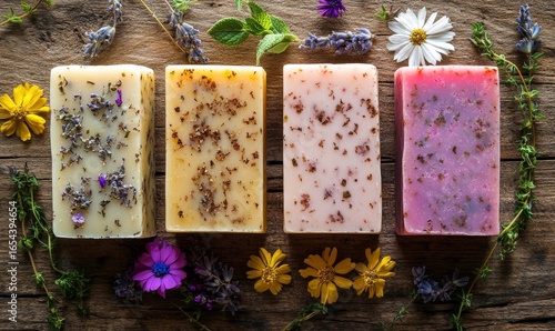 Artisanal bars of natural handmade soap adorned with fresh flowers and aromatic herbs, set against a rustic wooden background. The image symbolizes eco-friendly skincare, wellness, Generative AI