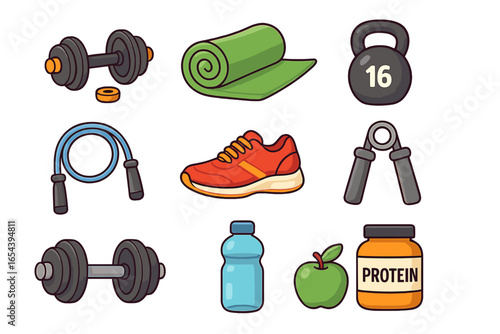 Fitness equipment icons for workout and healthy lifestyle. Gym cartoon vector set. Dumbbell, kettlebell, skipping rope, protein, apple, water bottle symbols collection.