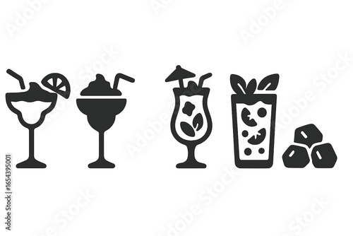 Frozen cocktail solid icon set. Vector glyph silhouettes of summer drinks like margarita, daiquiri, piña colada and mojito. Bar menu element for cold alcoholic beverages.
