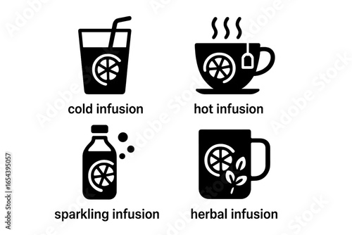 Fruit infusion types solid icon set. Cold, hot, sparkling and herbal beverage glyphs. Infused water, tea, and lemonade vector pictograms for menu or packaging design.