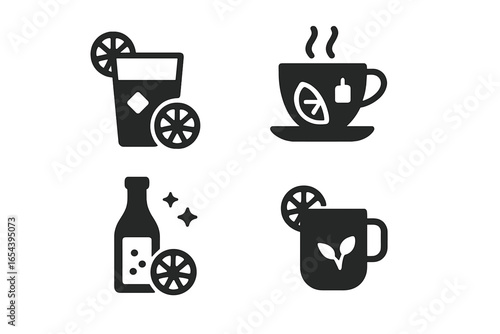 Fruit infusion glyph icons set. Solid vector pictogram collection of beverages. Cold iced tea, hot herbal drink, sparkling lemonade, fruit soda. Menu symbol concept.