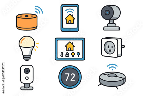 Vector icon set of smart home automation devices. Modern technology for convenience and security. Internet of Things concept with speaker, camera, thermostat, light, plug, robot vacuum.
