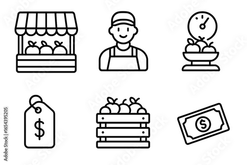 Fruit market outline icon set. Vector graphic collection for local grocery business. Includes fruit stand, vendor, farmer, weight scale, price tag, wooden crate, cash.