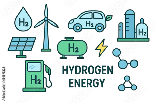 Hydrogen energy icon set. Clean technology concept with symbols for renewable power. Green fuel production from solar and wind. H2 car, refueling station, storage tank vector.