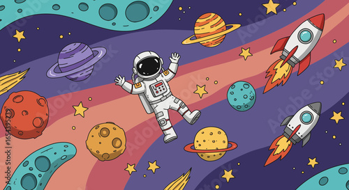 Astronaut and rockets in the cosmos, planets, stars and adventure background