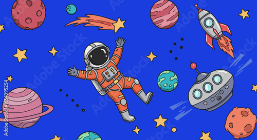 Whimsical Cartoon Space Adventure: Astronaut Floating Amidst Planets and Stars