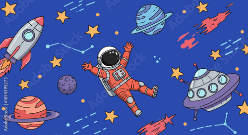 Cartoon Space Adventure: Seamless Pattern with Astronaut Rocket and Planets Design