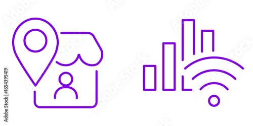 Purple Line Icons: Location, Business Profile, Wifi Signal, Growth Chart; Modern Minimalist Design