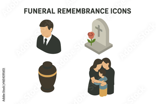 Funeral and remembrance isometric icon set. Vector collection of grief and loss concepts. Includes grieving family, mourner, tombstone, and cremation urn for memorial service.