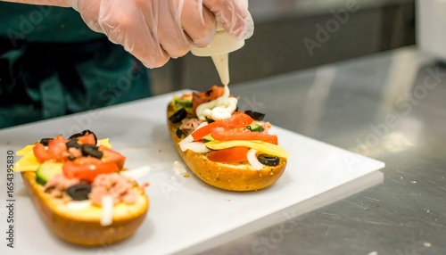 Gloved hand adding sauce sliced sandwich vegetables. Suitable for food blogs, cooking websites, restaurant menus, and cooking tutorials.