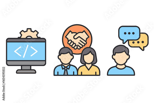 Business teamwork and communication icon set. Vector illustration of coding, partnership agreement and online chat. Concept for software development and corporate collaboration.