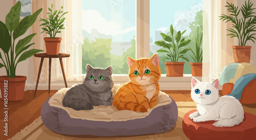 Cozy Indoor Scene with Three Adorable Cartoon Cats and Potted Plants by the Window