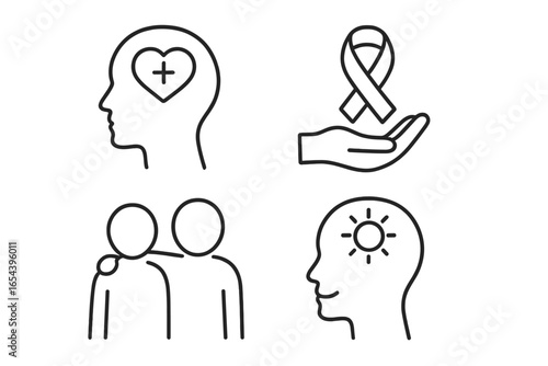 Mental health awareness and support icons set. Line art style vector illustration depicting mental wellbeing, counseling, empathy, support ribbon, psychology, recovery, therapy, emotional care.