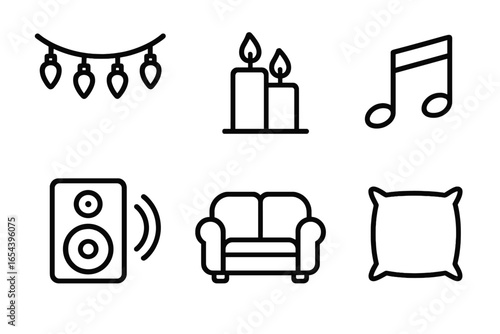 Game night outline icon set. Cozy home ambiance concept with fairy lights, candles, music note, speaker, comfy sofa and pillow. Minimal vector illustration linear symbols.