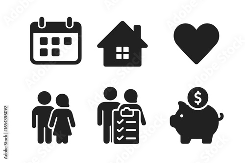 Couple future planning icon set. Life goals vector collection. Family budget, saving money for house. Financial plan, mortgage, relationship, love, home, checklist pictogram.