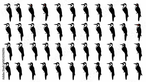 Silhouette pattern of woodpeckers in rows with some having red markings on their heads and eyes