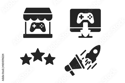 Game publishing solid glyph icon set. Video game development process symbols. Storefront for digital distribution, download, user feedback rating, marketing and launch rocket.