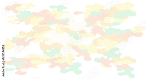 A pastel camouflage pattern of blobs in yellow pink green and white against a white background