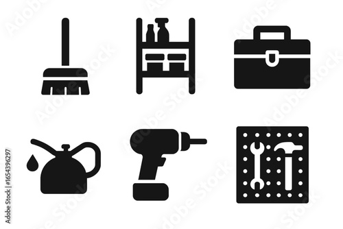 Garage tool solid glyph icon set. Workshop equipment vector pictograms. Includes broom, utility shelf, toolbox, oil can, power drill, and pegboard with hammer and wrench.