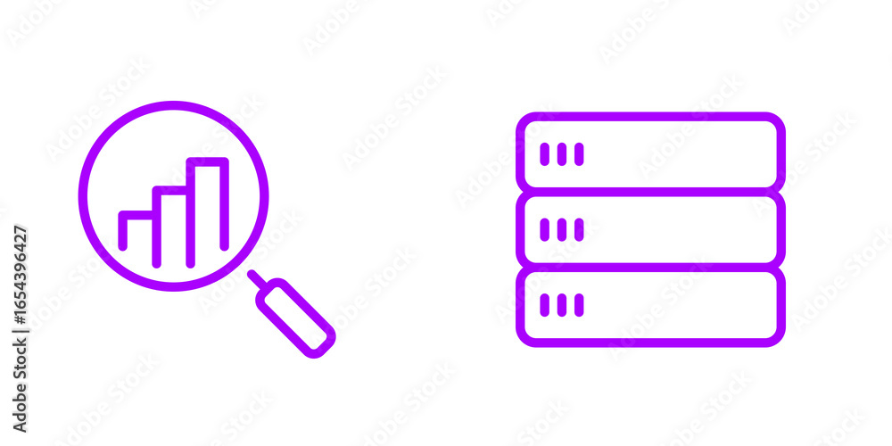 Purple Line Icons: Data Analysis, Server Database, Growth Chart, Magnifying Glass, Modern Minimalist Design Purple Line Icons: Data Analysis, Server Database, Growth Chart, Magnifying Glass, Modern Minimalist Design