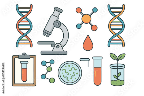 Laboratory science vector illustration with DNA helix, microscope, molecule structure, petri dish, test tube, blood drop, seedlings, biological experiment, clinical medical research cartoon