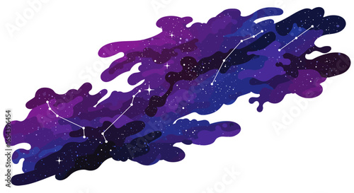 A stylized purple and blue nebulalike shape with white star patterns