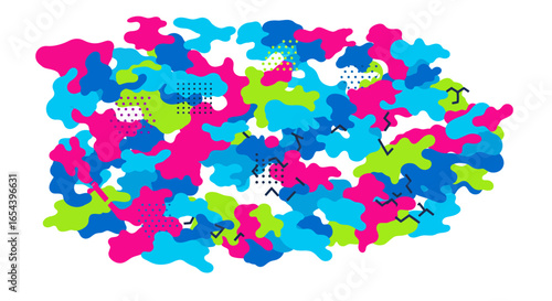 Abstract blotches of color with patterns form a camouflagelike shape