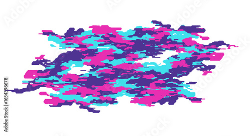 Abstract camouflage pattern of blue pink and purple shapes on a white background