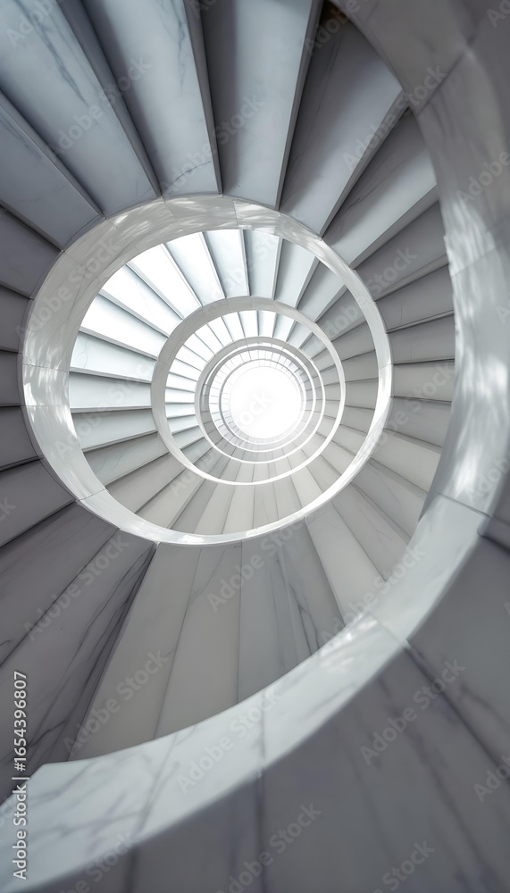 Obraz premium A hypnotic architectural view looking up a white marble spiral staircase towards a circle of light. A powerful metaphor for progress, a career journey, or spiritual growth. AI generated