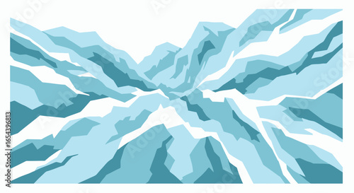 Abstract landscape illustration with icy blue mountain ridges and white snowy peaks