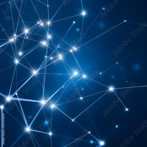 Abstract technology background depicting a neural network or plexus. Glowing dots are connected by lines, creating a complex structure on a dark blue background. AI generated.