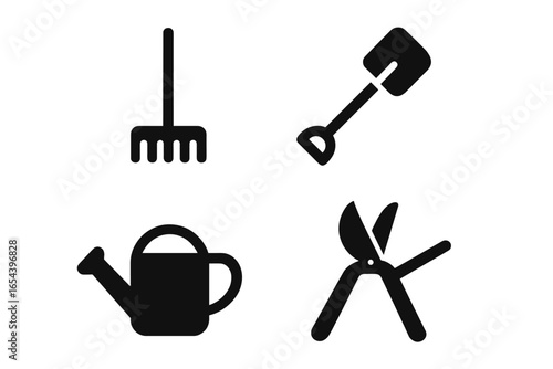 Garden tool icon set. Solid black silhouette symbols. Gardening equipment for agriculture and horticulture. Rake, shovel or spade, watering can and pruning shears vector icons.