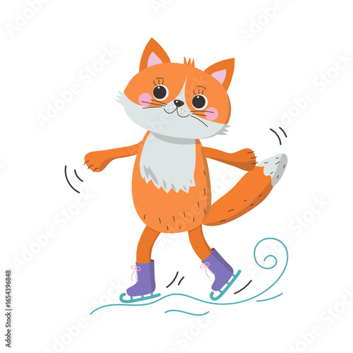 Cat skating. Sporty red kitty, cute animals doing sports. Happy kitten on skates. Winter sports. Flat vector illustration, white isolated background.