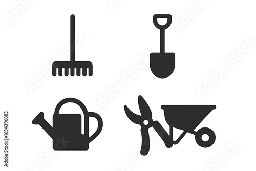 Garden tool icon set. Solid glyph vector collection of essential gardening equipment. Features rake, shovel, spade, watering can, pruning shears, and wheelbarrow silhouettes.
