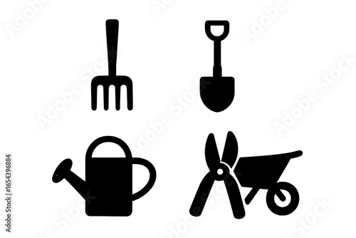 Garden tool solid glyph icon set. Vector symbols of gardening equipment like rake, shovel, watering can, shears, wheelbarrow. Farming and agriculture concept design.