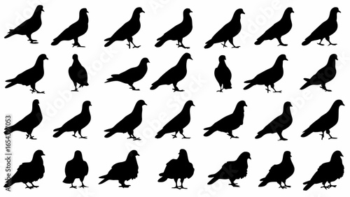 Silhouette depictions of pigeons arranged in a grid pattern against a white background image view