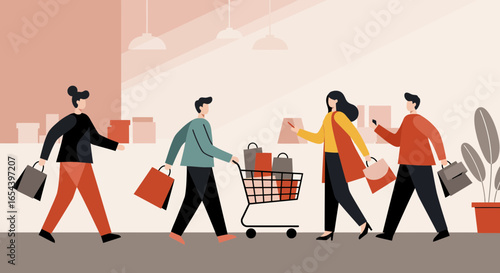 Stylish shoppers enjoying a day at the mall with shopping cart illustration
