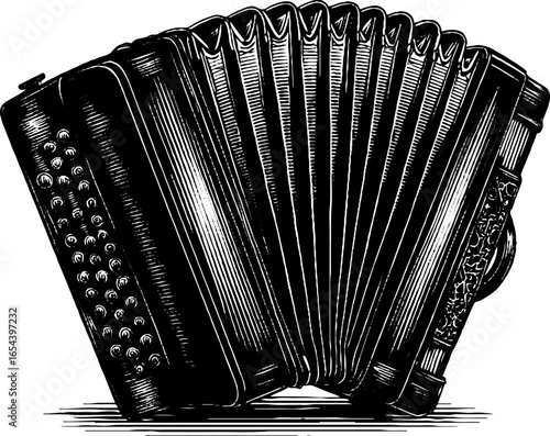 Engraved accordion illustration in vintage black bold style
