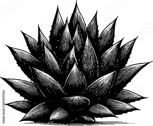 Engraved retro illustration of agave plant - bold black silhouette for botanical design