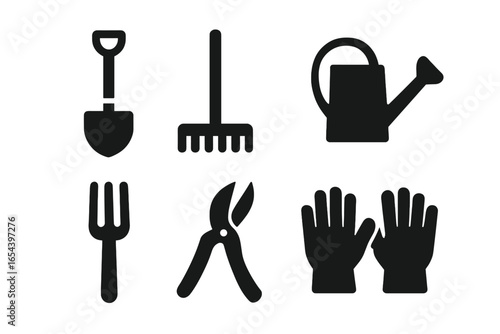 Garden tools vector icon set. Solid glyph pictograms of gardening equipment. Shovel, rake, watering can, fork, pruning shears, and gloves. Agriculture silhouette symbols.