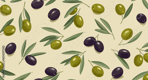 Elegant olive branch pattern in green and black for wallpaper or background