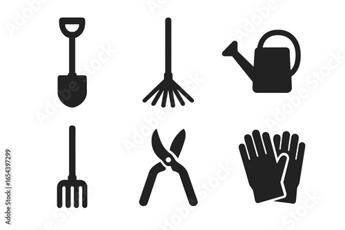 Garden tools solid icon set. Vector glyph collection. Shovel, rake, watering can, garden fork, pruning shears, gloves. For gardening, farming, agriculture concept.