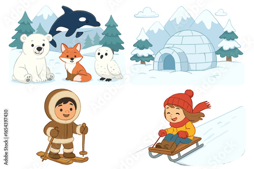 Arctic Animals and Winter Fun Cartoon Vector Set. Polar Bear, Arctic Fox, Snowy Owl, Orca Whale in Snowy Forest with Mountains and Igloo. Children Skiing and Sledding Winter Activities Scene.