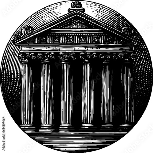 Engraved sketch of ancient coin featuring classical architecture for design and decoration