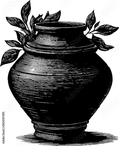 Engraved illustration of ancient clay pot with floral elements for historical design
