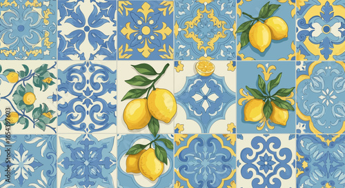 Vibrant Italian Tile Mosaic with Lemon Accents, Capturing Mediterranean Charm and Freshness