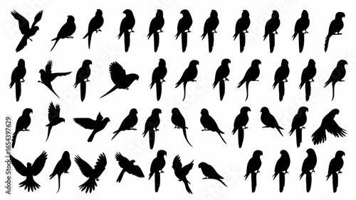 Silhouette illustration of various birds including parrots and other species in flight and perched