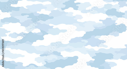 Blue camouflage pattern with overlapping organic shapes in white light blue and blue