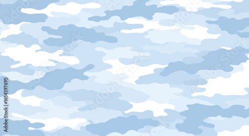 Blue white camouflage pattern with overlapping bloblike shapes creating layered abstract and irregular forms